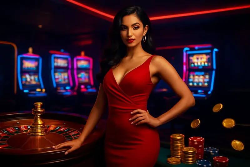 Beautiful woman in red dress standing near roulette and slot machines with gold coins and poker chips in a luxury Bangladesh casino scene