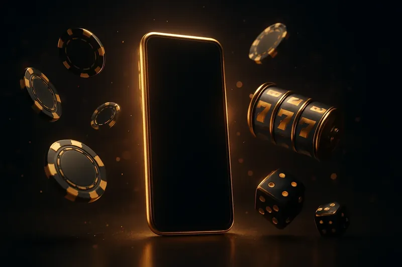 Glowing smartphone with casino chips, slot reels, and dice on dark gold background