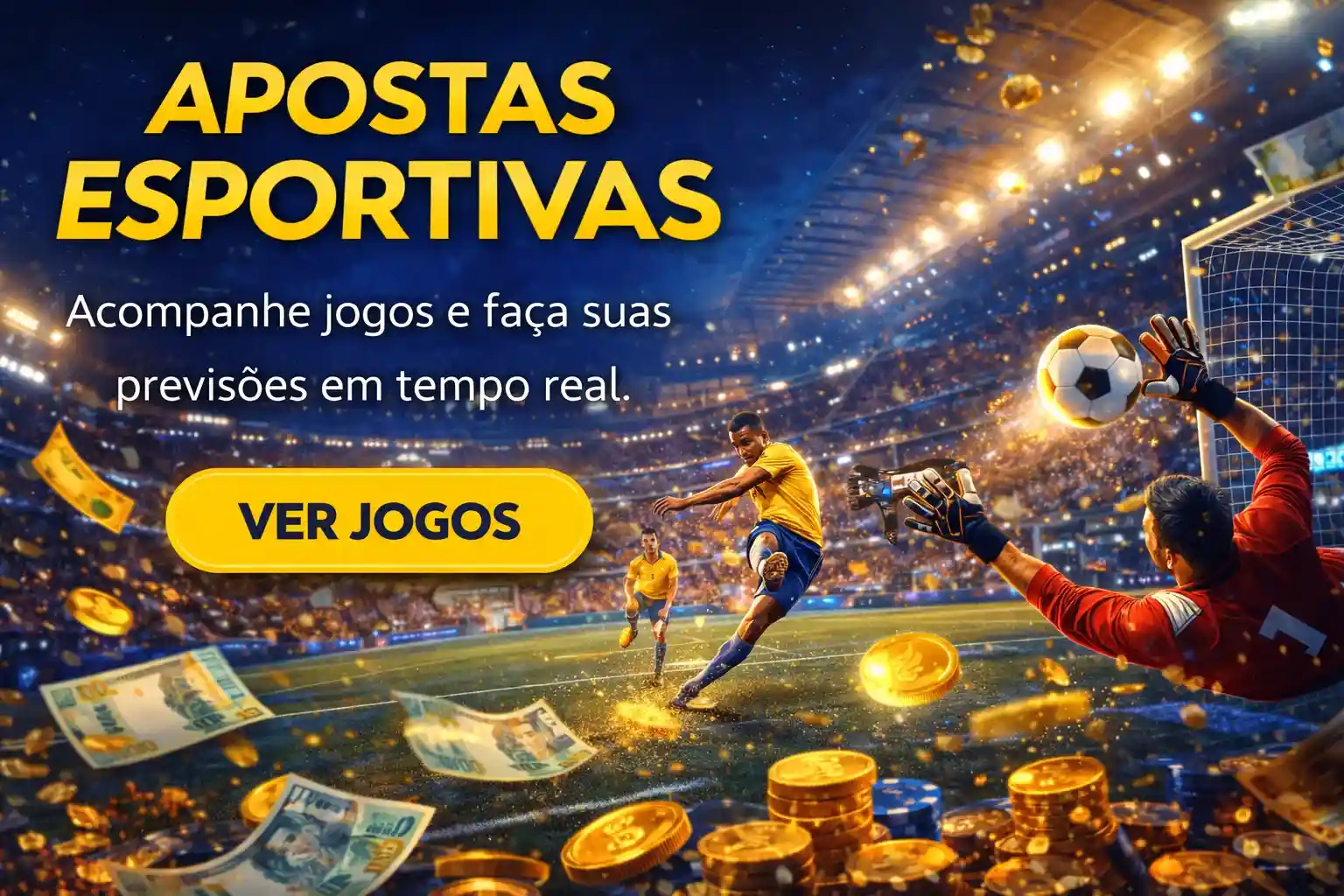 Jogador chutando bola em estádio iluminado durante aposta esportiva online