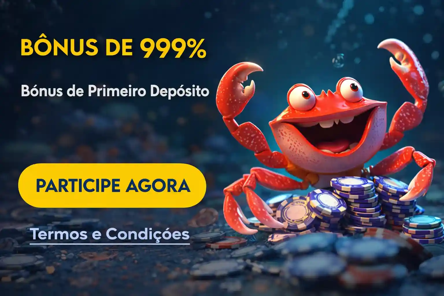 Caranguejo animado segurando fichas promovendo bônus de primeiro depósito