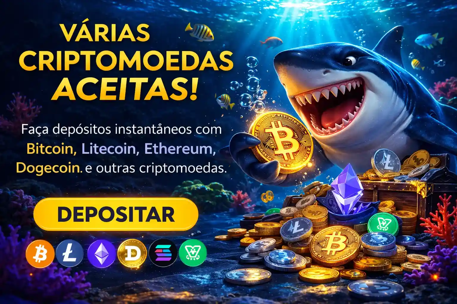 Tubarão segurando bitcoin ao lado de moedas digitais em cassino online