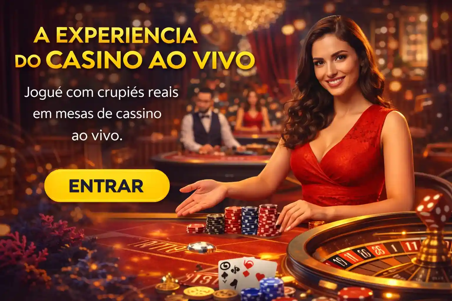 Crupiê em vestido vermelho conduz jogo de roleta em cassino ao vivo