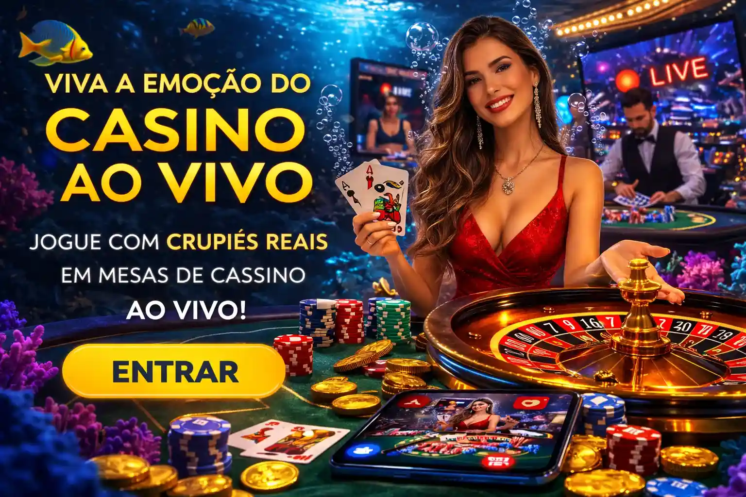 Crupiê sorridente apresentando mesa de roleta em cassino ao vivo online