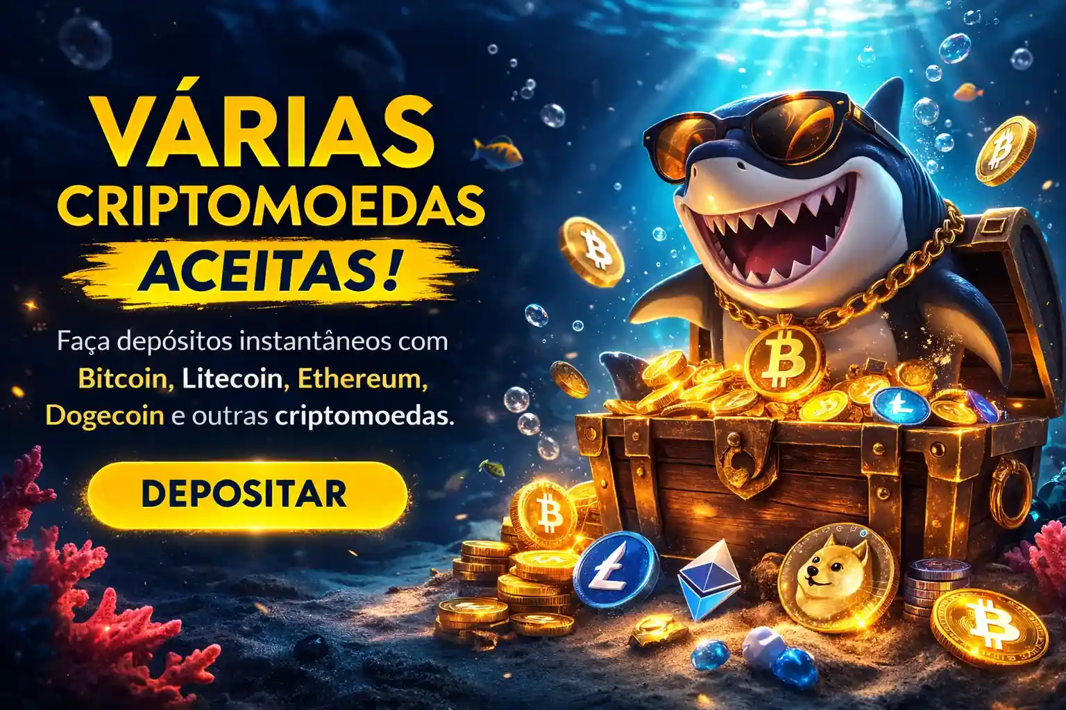 Baú com moedas digitais e tubarão promovendo depósitos instantâneos no cassino