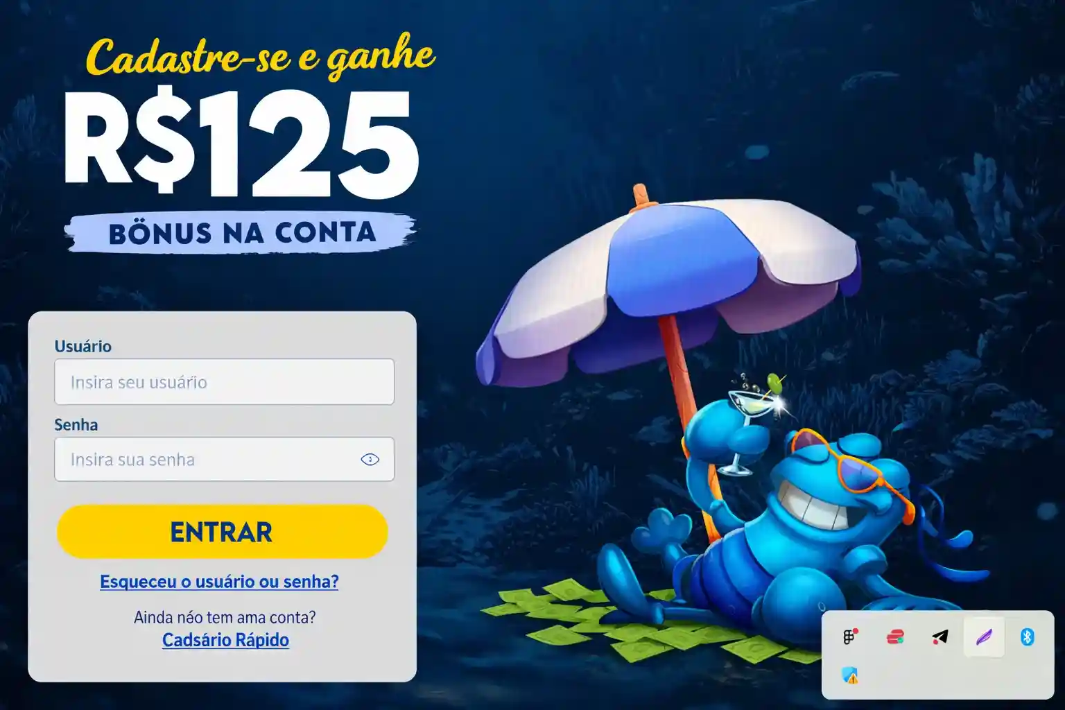 Tela de login com oferta de bônus para novo cadastro no cassino